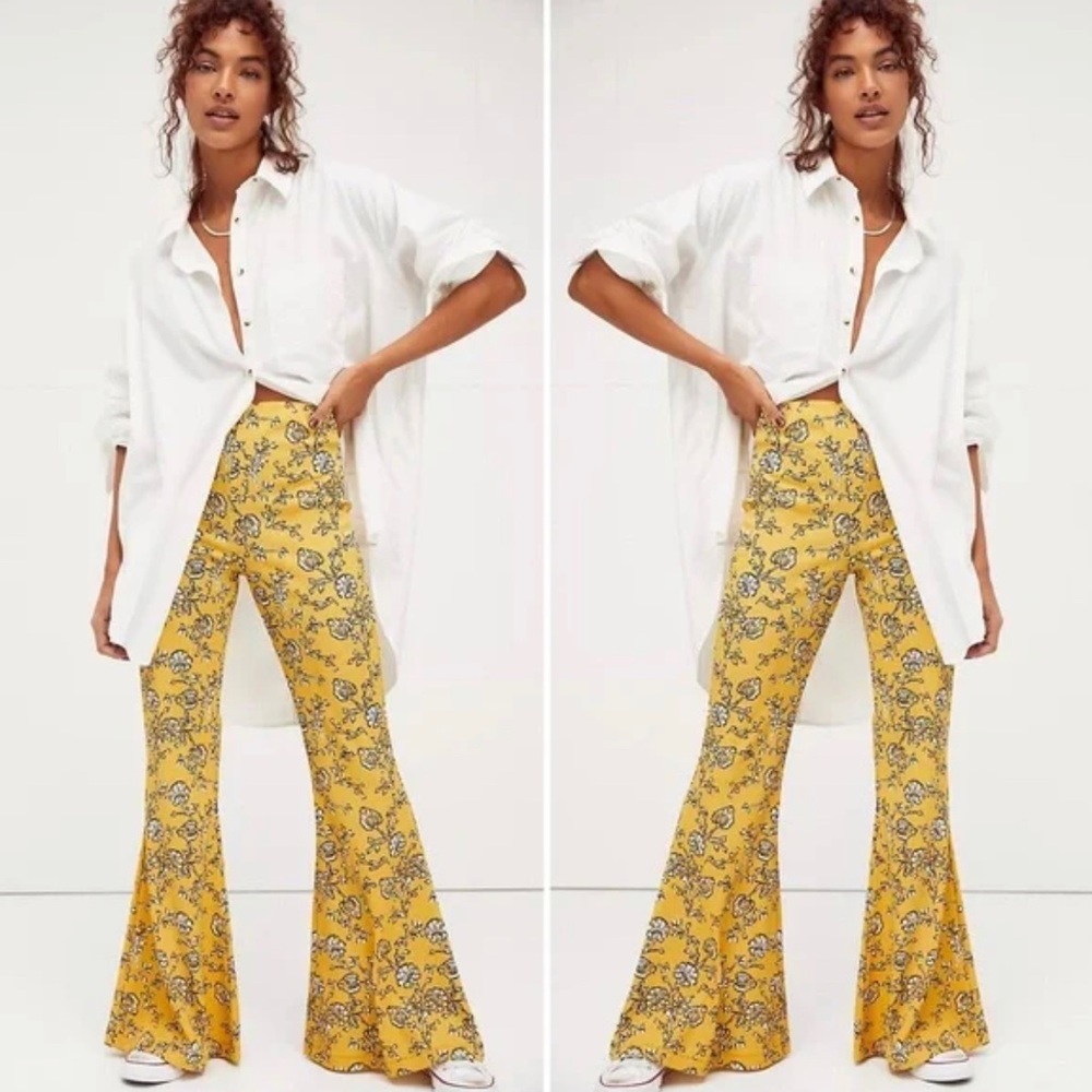 NWT Free People Kitty Flare Pants Floral Yellow Wide Leg Flare Pants Size Small